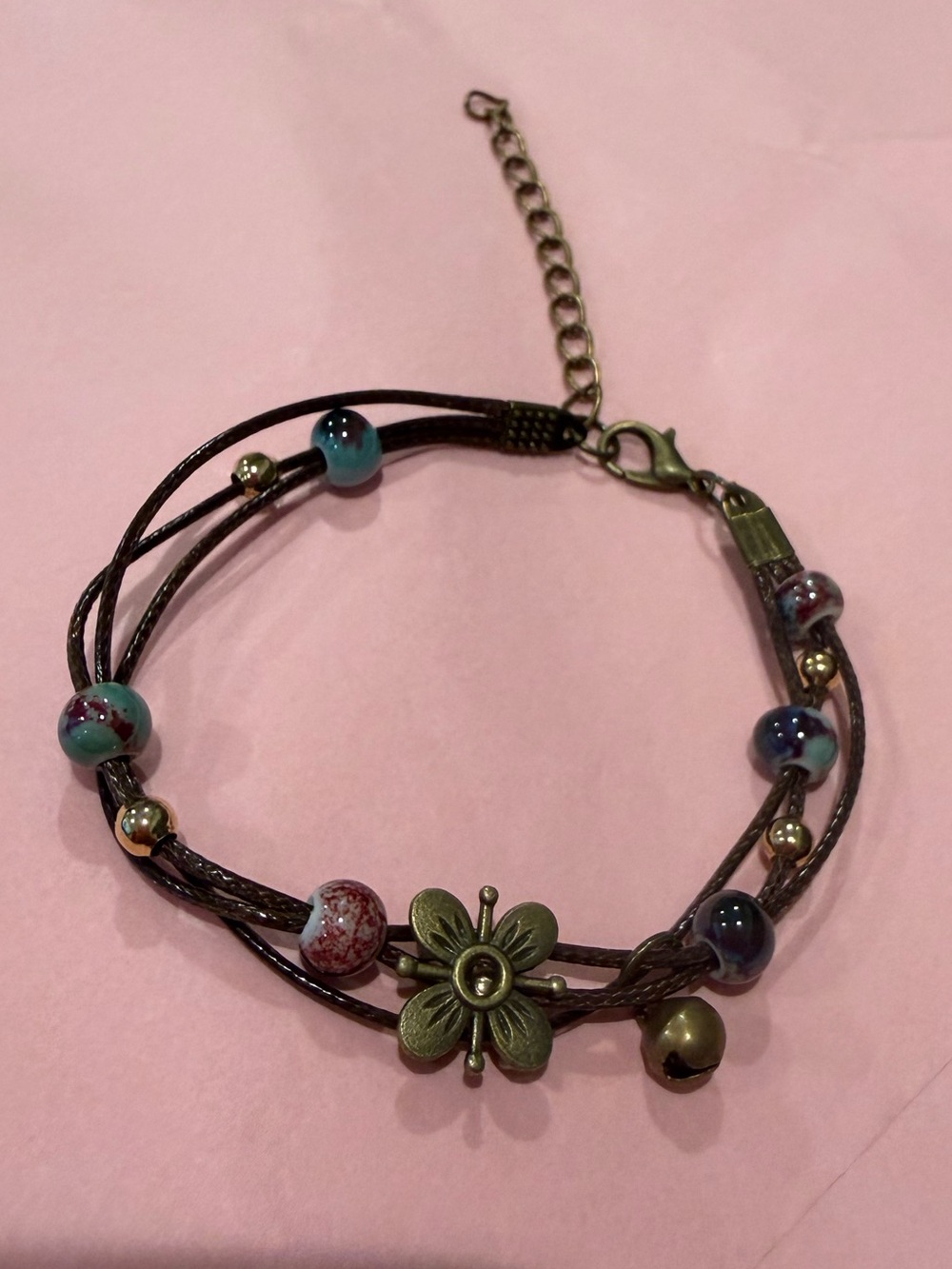 Target Brown Cord Bracelet with Blue-Green Beads and Brass Flower
